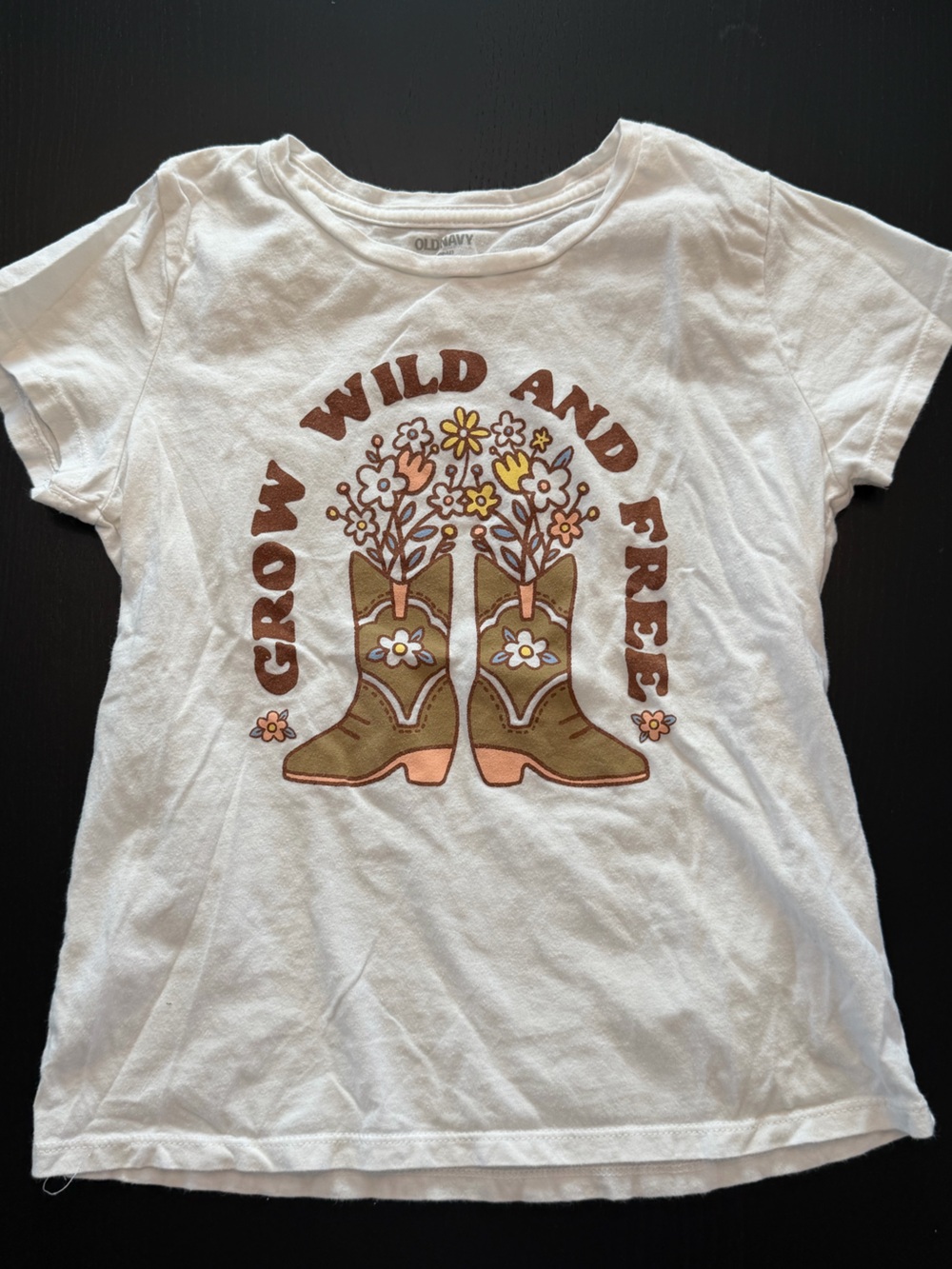 Old Navy White Tee with Brown & Olive Floral Cowboy Boots Graphic